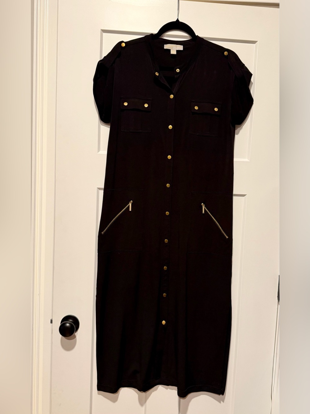 Michael Kors Black Maxi Shirt Dress with Gold Button Accents